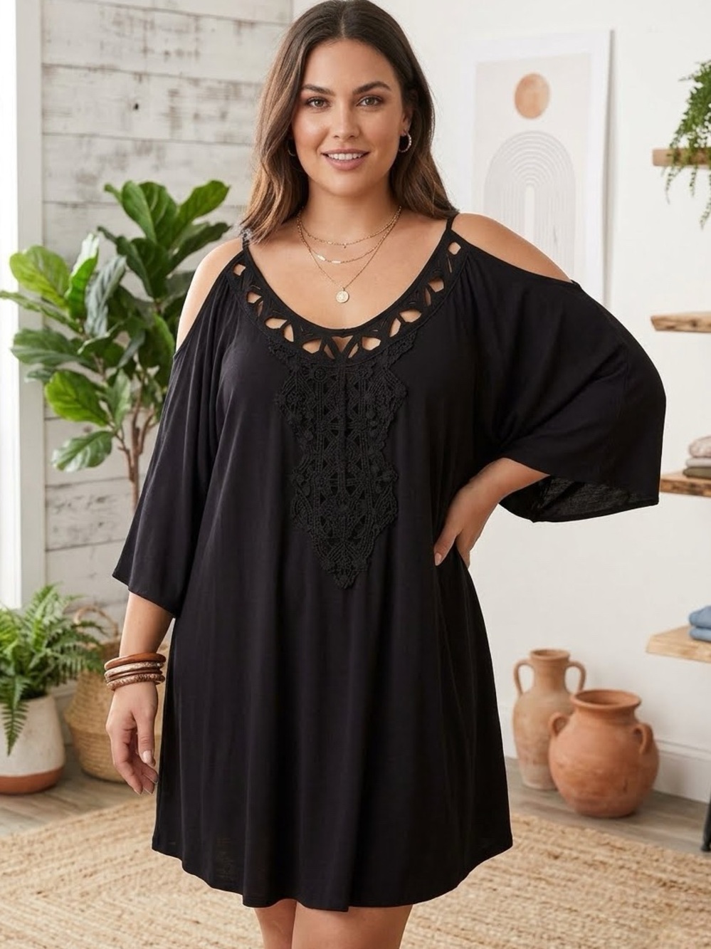 Solitaire Swim Black Cold Shoulder Bikini Cover Up